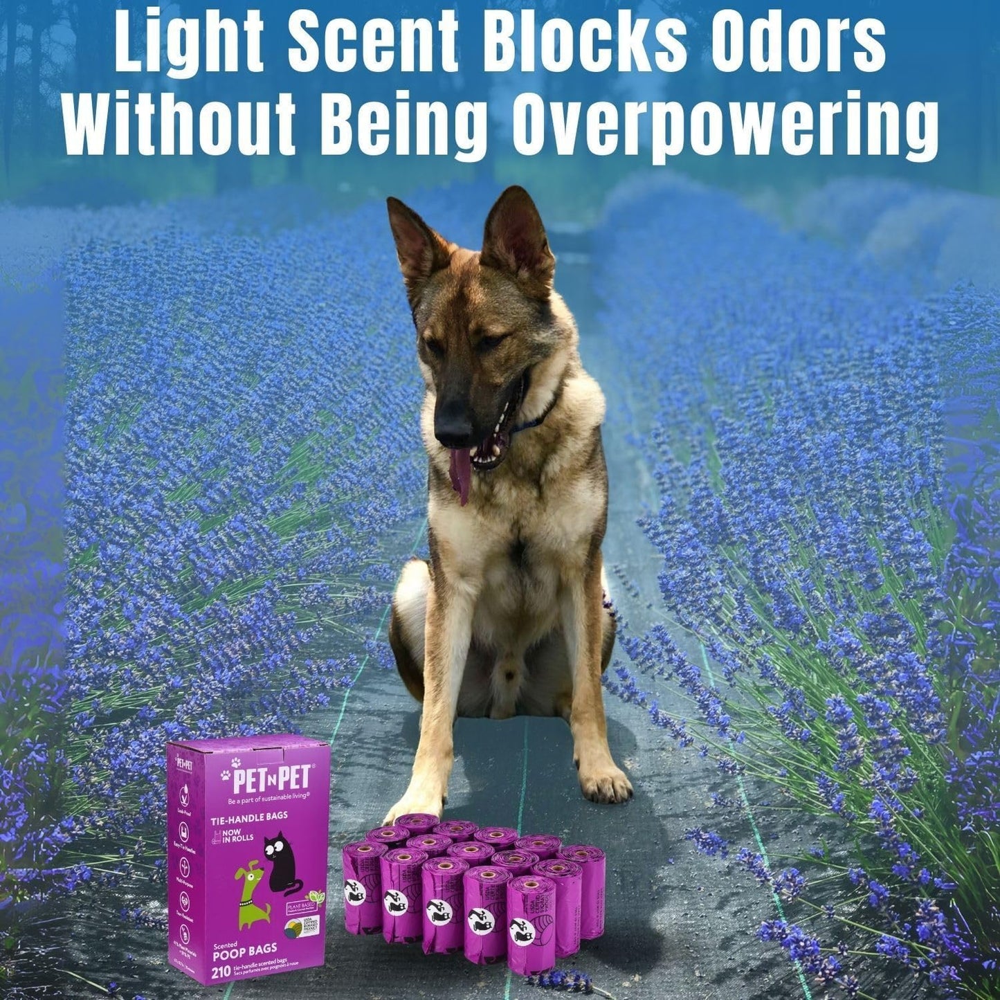 Dog Poop Bags on Refill Rolls – USDA Certified 41% Plant-Based, Lavender Scented | 210 Count with Tie Handles