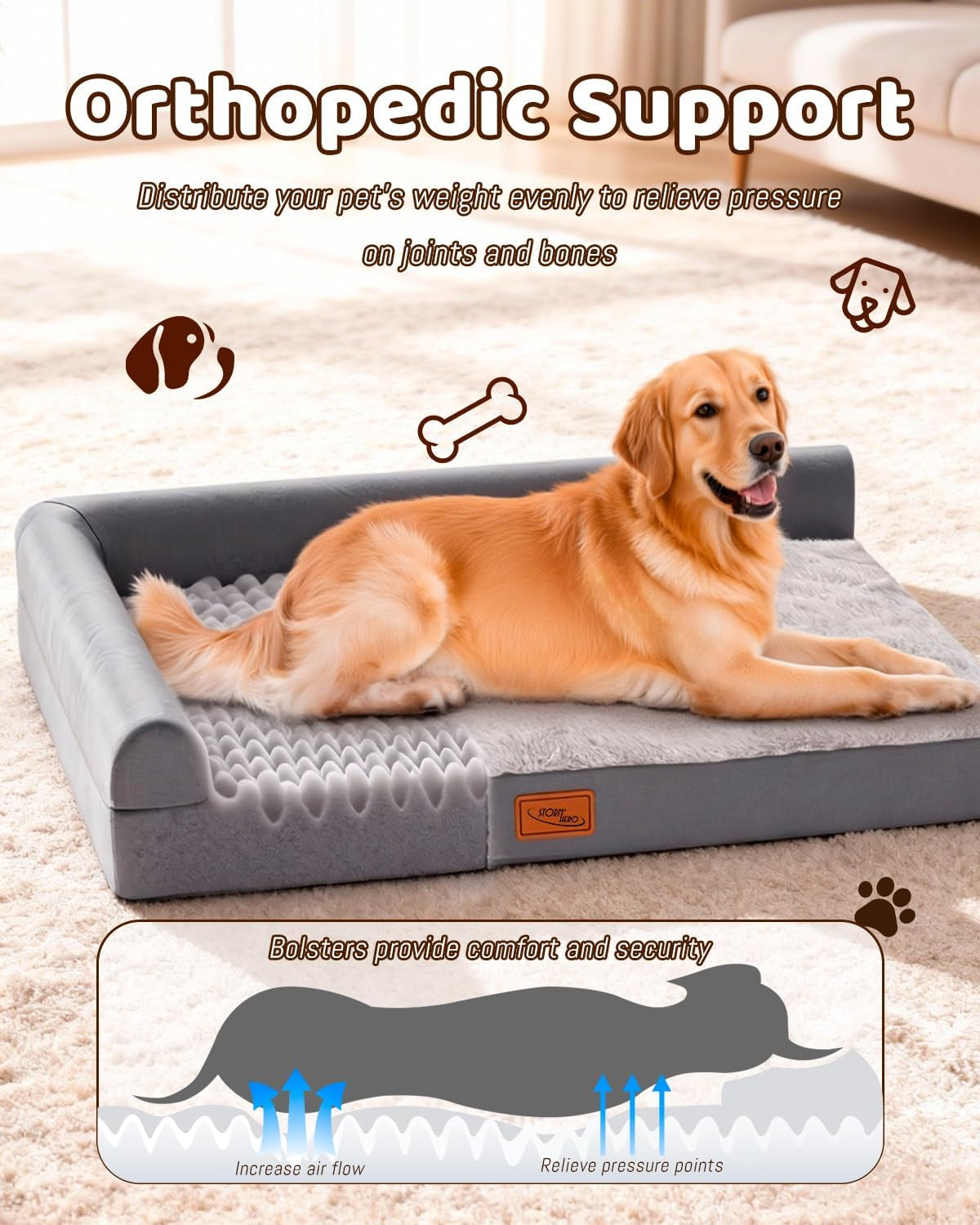 Stormhero Large Orthopedic Dog Bed – XL Memory Foam Sofa Bed for Medium & Large Dogs | 121 x 89 cm | Washable, Anxiety-Reducing Pet Bed with Firm Support & Warm Mattress Cushion