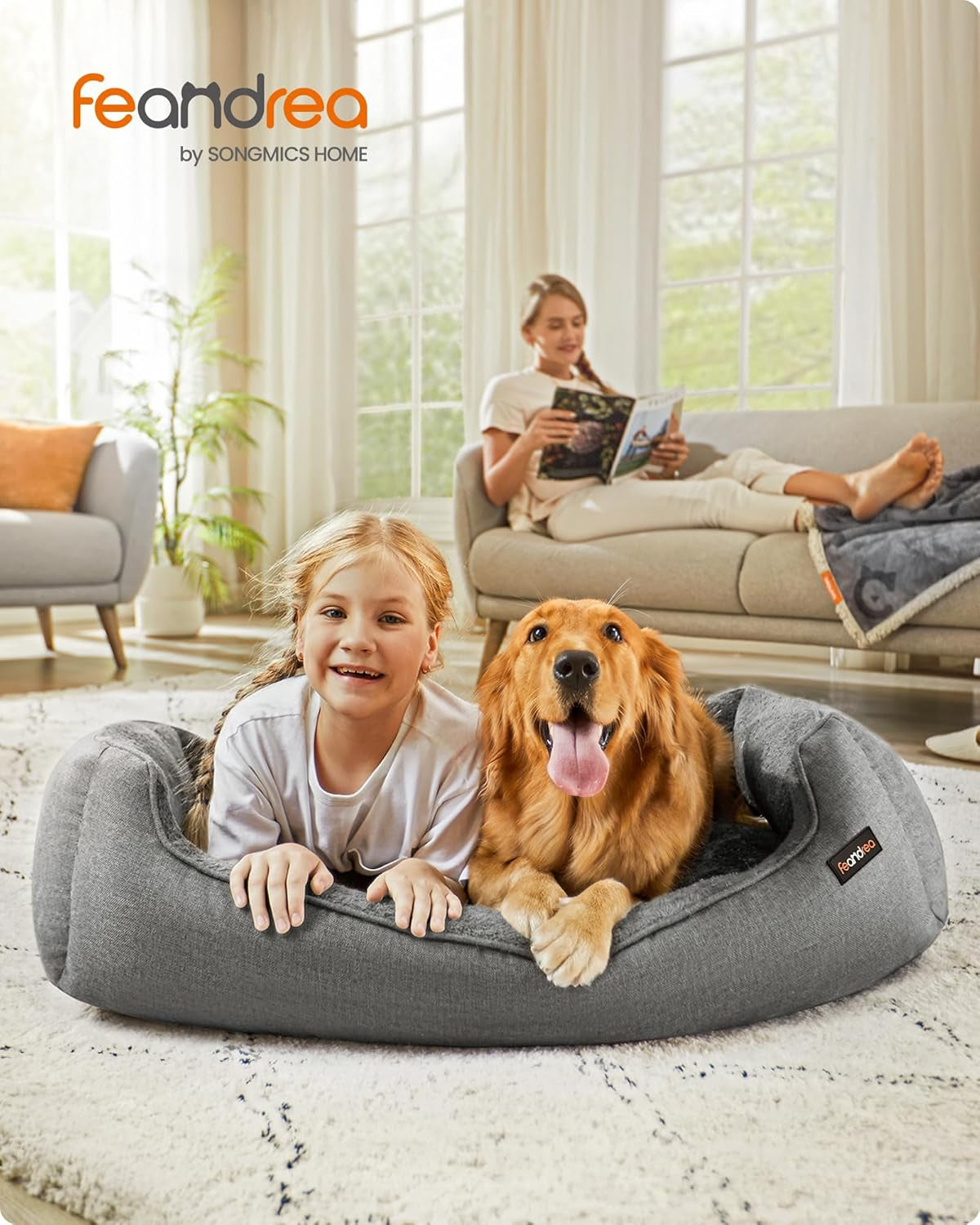 Linen-Look Dog Bed with Raised Edges – XL Sofa Bed for Large Dogs | Non-Slip Bottom, Removable Washable Cover, 110 x 75 x 27 cm | Light Grey