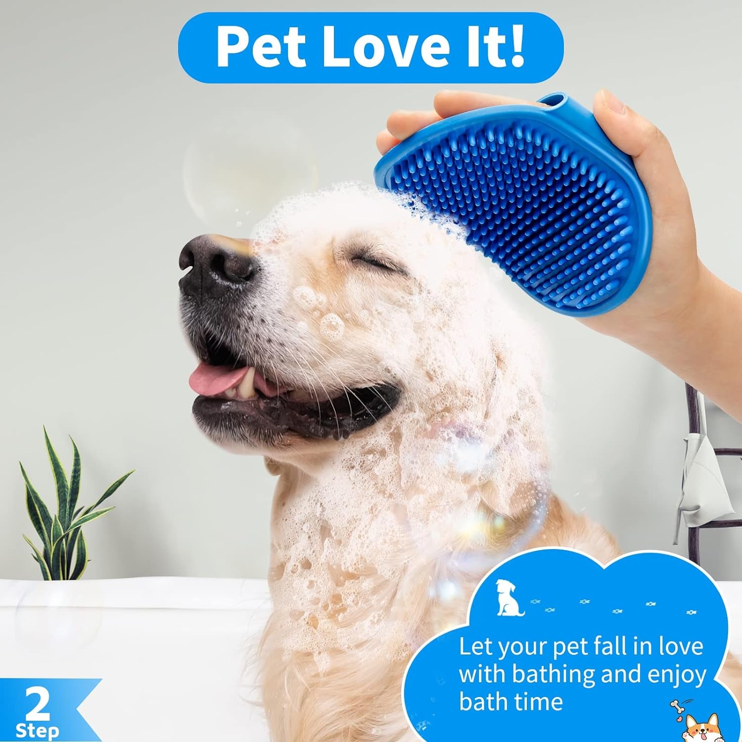 Dog Bath Brush - Shampoo Scrubber with Adjustable Ring Handle for Short & Long Hair (Blue) (Blue Blue Blue)