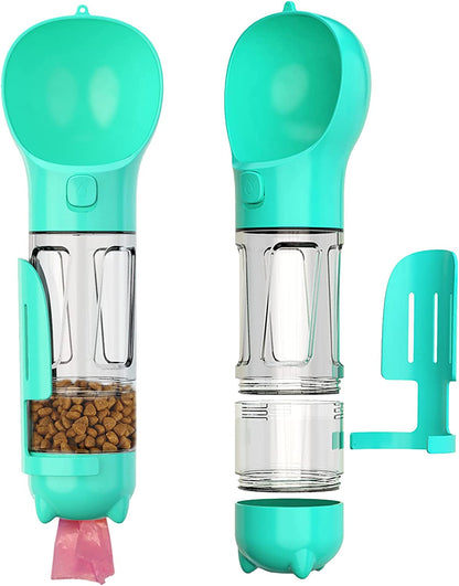 4 in 1 Dog Water Bottle Portable Puppy Water Disperser with Lock Water Button, Dog Travel Drinking Cup+Food Bottle+ Poop Collection Shovel+Garbage Bag Storage All in One for Walking Hiking Camping Travel，Blue