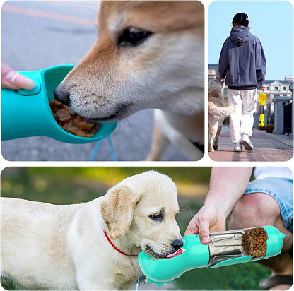 4 in 1 Dog Water Bottle Portable Puppy Water Disperser with Lock Water Button, Dog Travel Drinking Cup+Food Bottle+ Poop Collection Shovel+Garbage Bag Storage All in One for Walking Hiking Camping Travel，Blue