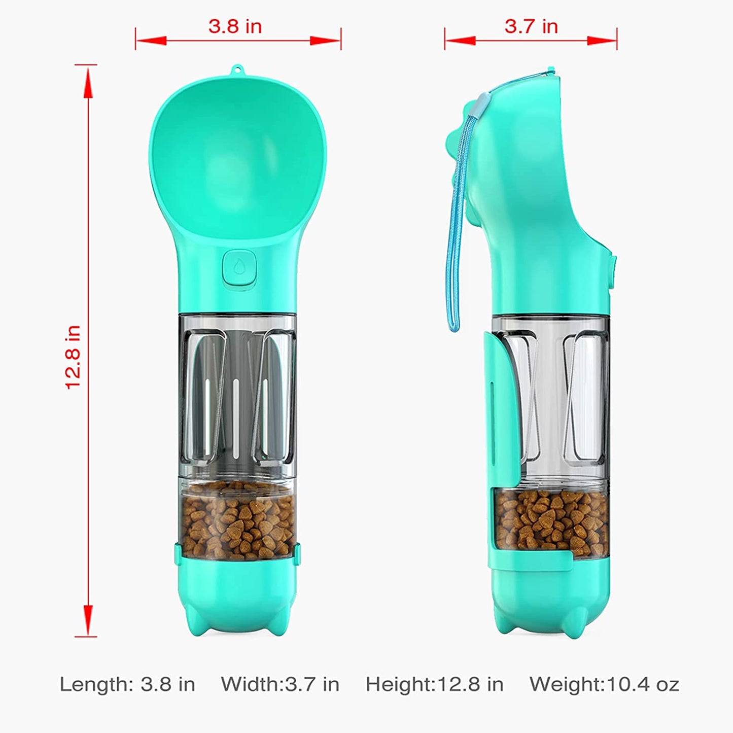 4 in 1 Dog Water Bottle Portable Puppy Water Disperser with Lock Water Button, Dog Travel Drinking Cup+Food Bottle+ Poop Collection Shovel+Garbage Bag Storage All in One for Walking Hiking Camping Travel，Blue