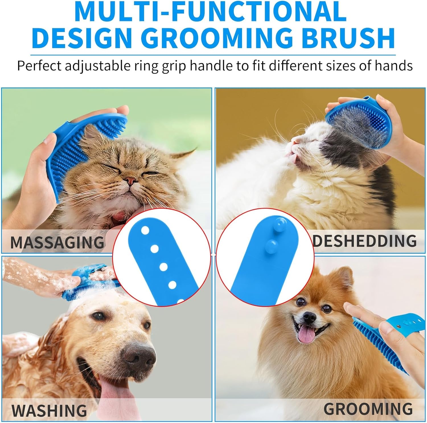 Dog Bath Brush - Shampoo Scrubber with Adjustable Ring Handle for Short & Long Hair (Blue) (Blue Blue Blue)