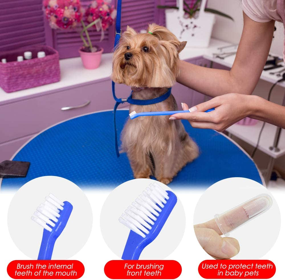 Set of 15 Pet Toothbrushes – 5 Dual-Headed Dog & Cat Toothbrushes + 10 Finger Toothbrushes | Red, Blue, Pink, Orange