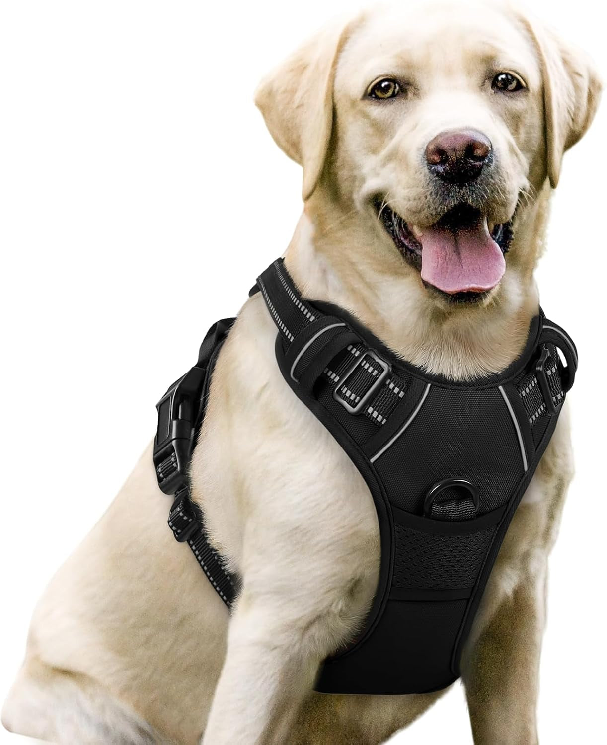 No-Pull Dog Harness with 2 Leash Clips – Adjustable Soft Padded Vest for Large Dogs | Reflective Oxford Material, No Choke Design, Easy Control Handle | Black, L