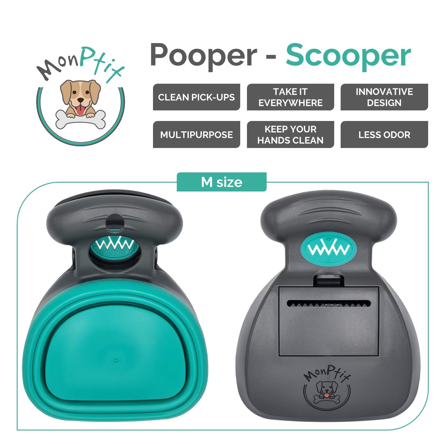 Monptit Pooper Scooper, Portable Sanitary Dog Poo Pick up with Bag Dispenser, for Large Medium Small Dogs Cat or Pet, Durable (Medium)