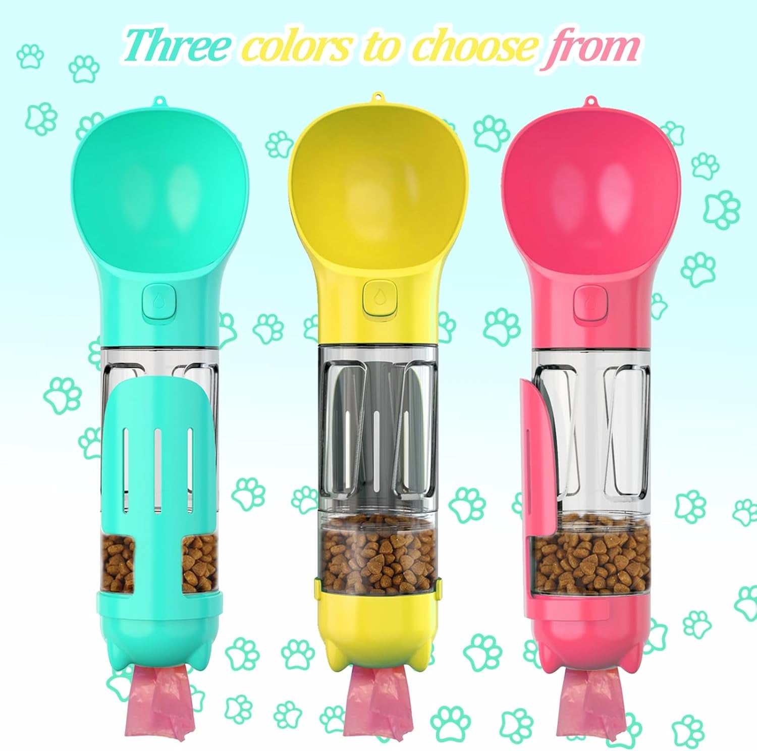 4 in 1 Dog Water Bottle with Food Container & Poop Bag, Portable Dog Water Bottle, Travel Puppy Water Bowl, Dog Stuff for Dogs Small Pets Walking, Traveling, Hiking(Pink)