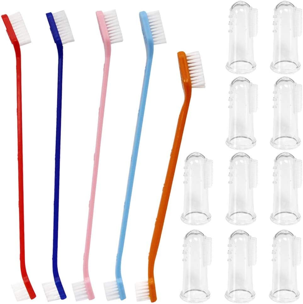 Set of 15 Pet Toothbrushes – 5 Dual-Headed Dog & Cat Toothbrushes + 10 Finger Toothbrushes | Red, Blue, Pink, Orange