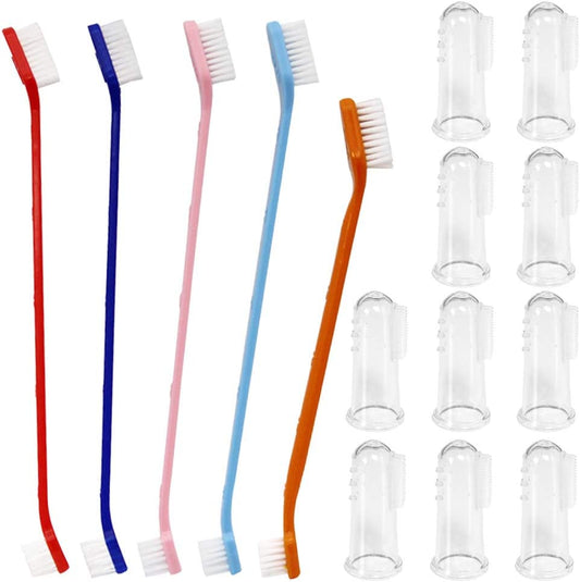 Set of 15 Pet Toothbrushes – 5 Dual-Headed Dog & Cat Toothbrushes + 10 Finger Toothbrushes | Red, Blue, Pink, Orange