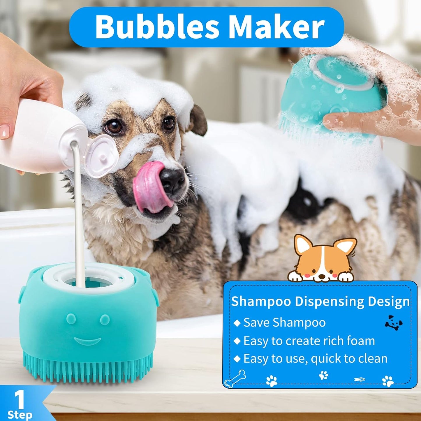 Dog Bath Brush - Shampoo Scrubber with Adjustable Ring Handle for Short & Long Hair (Blue) (Blue Blue Blue)