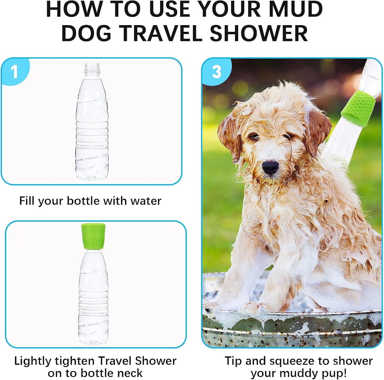 4-Piece Portable Dog Shower Head Set – Outdoor Shower Attachment for Pet Grooming, Beach, Hiking & Camping | Blue & Green Water Sprayer Bottle Attachments for Dirt Removal