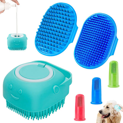 Dog Bath Brush - Shampoo Scrubber with Adjustable Ring Handle for Short & Long Hair (Blue) (Blue Blue Blue)