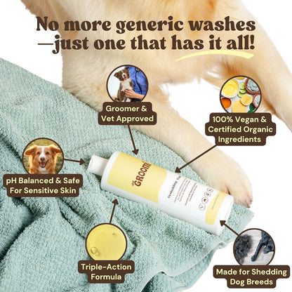 Groomi 3-in-1 Deshedding Wash – Organic Dog Shampoo & Conditioner for Sensitive Skin | Cleans, Conditions, & De-Sheds | pH-Balanced & Vet-Approved | Chemical-Free & Safe for All Breeds