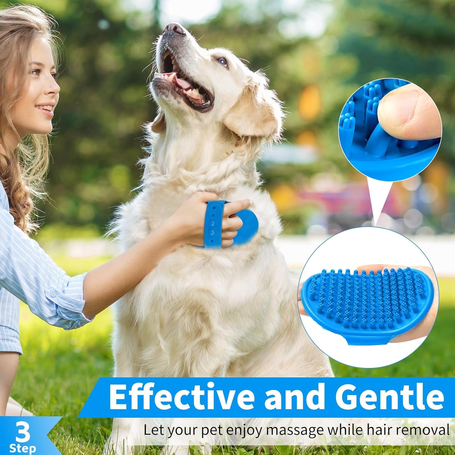 Dog Bath Brush - Shampoo Scrubber with Adjustable Ring Handle for Short & Long Hair (Blue) (Blue Blue Blue)