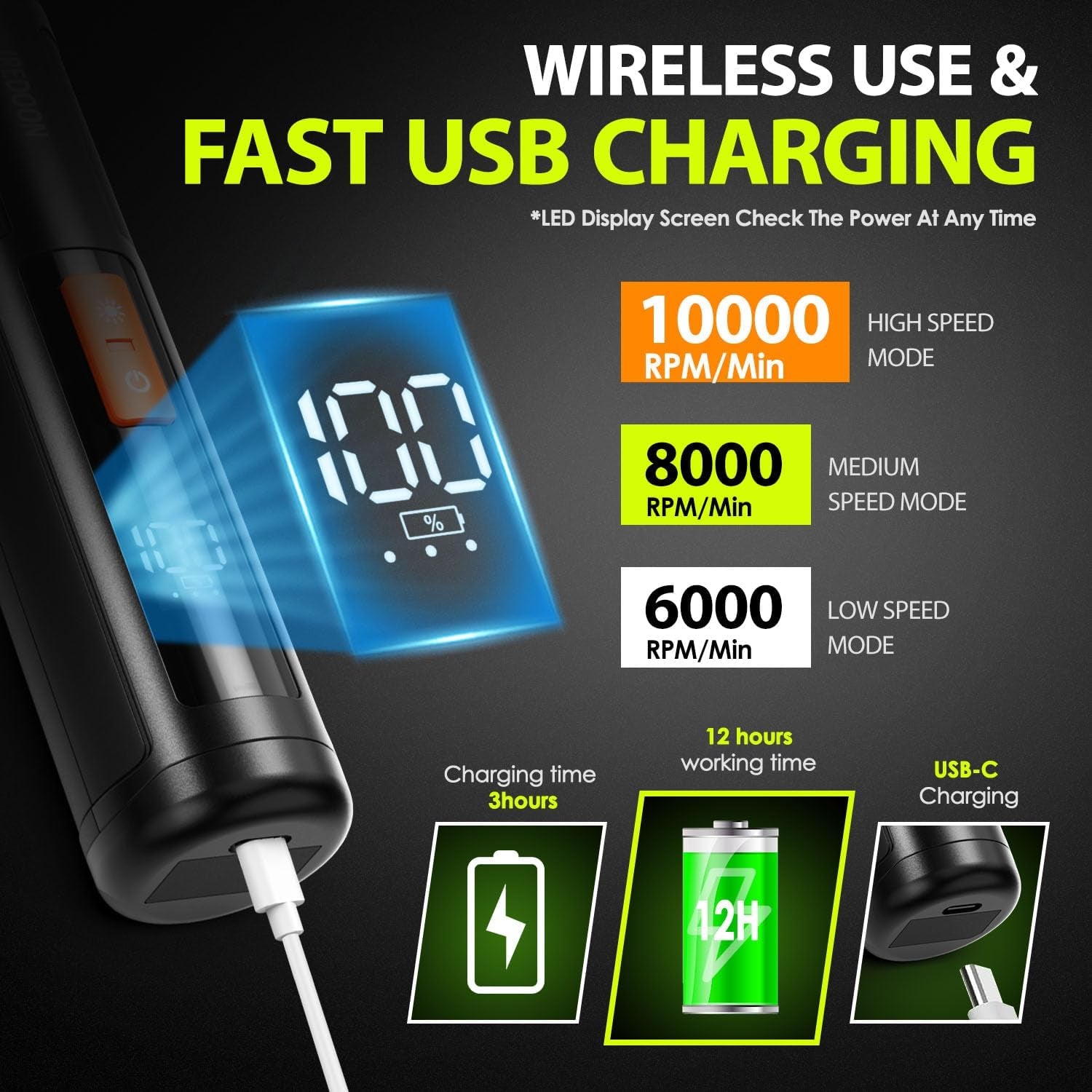 Upgraded Dog Nail Grinder – Professional 3-Speed Electric Nail Grinder with 4 LED Lights | Quiet & Low Vibration for Painless Grooming | For Small to Large Dogs (Black)