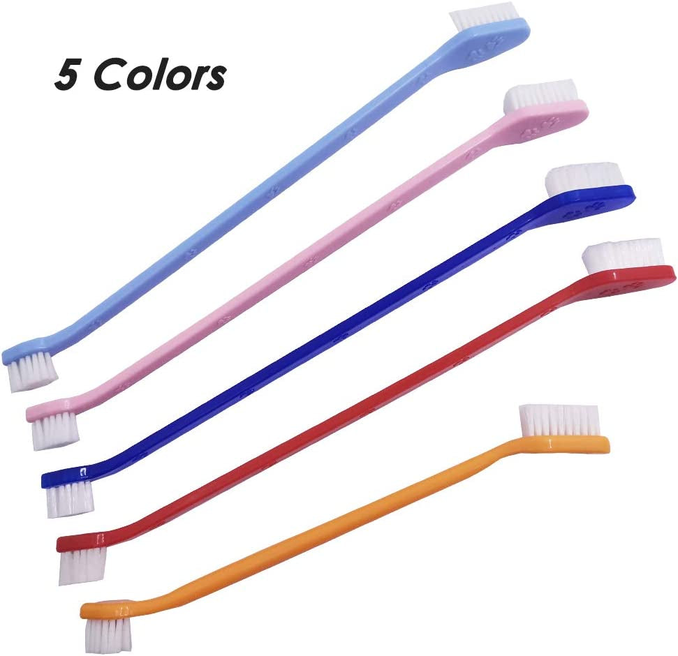 Set of 15 Pet Toothbrushes – 5 Dual-Headed Dog & Cat Toothbrushes + 10 Finger Toothbrushes | Red, Blue, Pink, Orange