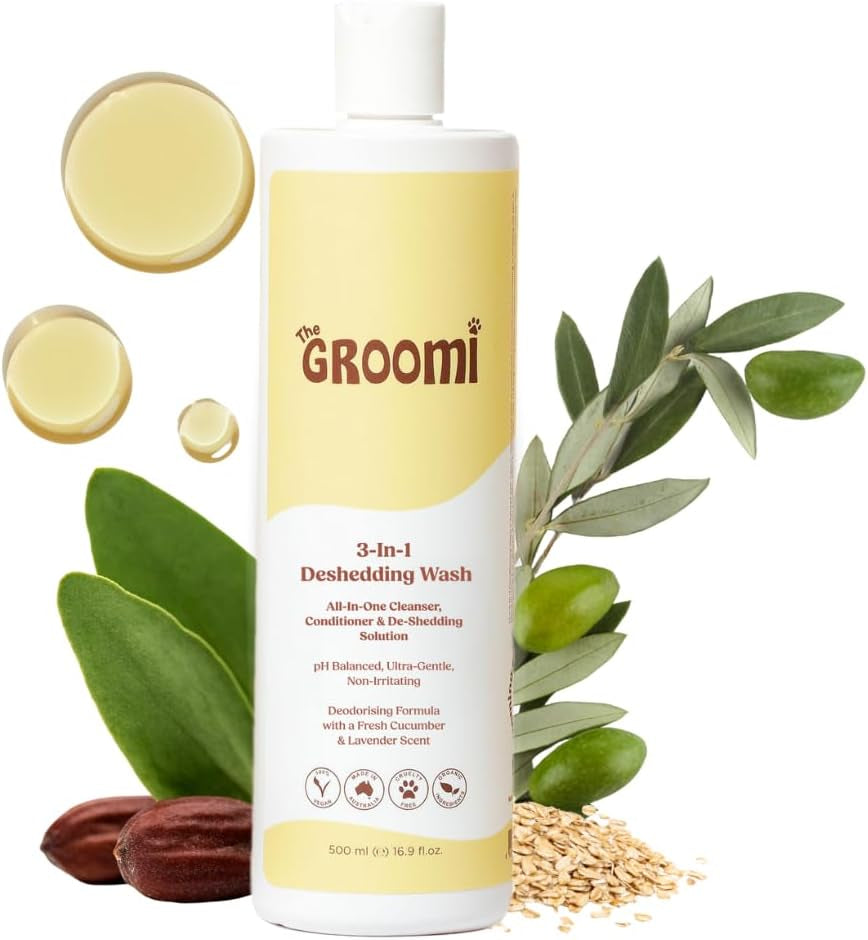 Groomi 3-in-1 Deshedding Wash – Organic Dog Shampoo & Conditioner for Sensitive Skin | Cleans, Conditions, & De-Sheds | pH-Balanced & Vet-Approved | Chemical-Free & Safe for All Breeds