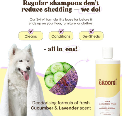 Groomi 3-in-1 Deshedding Wash – Organic Dog Shampoo & Conditioner for Sensitive Skin | Cleans, Conditions, & De-Sheds | pH-Balanced & Vet-Approved | Chemical-Free & Safe for All Breeds