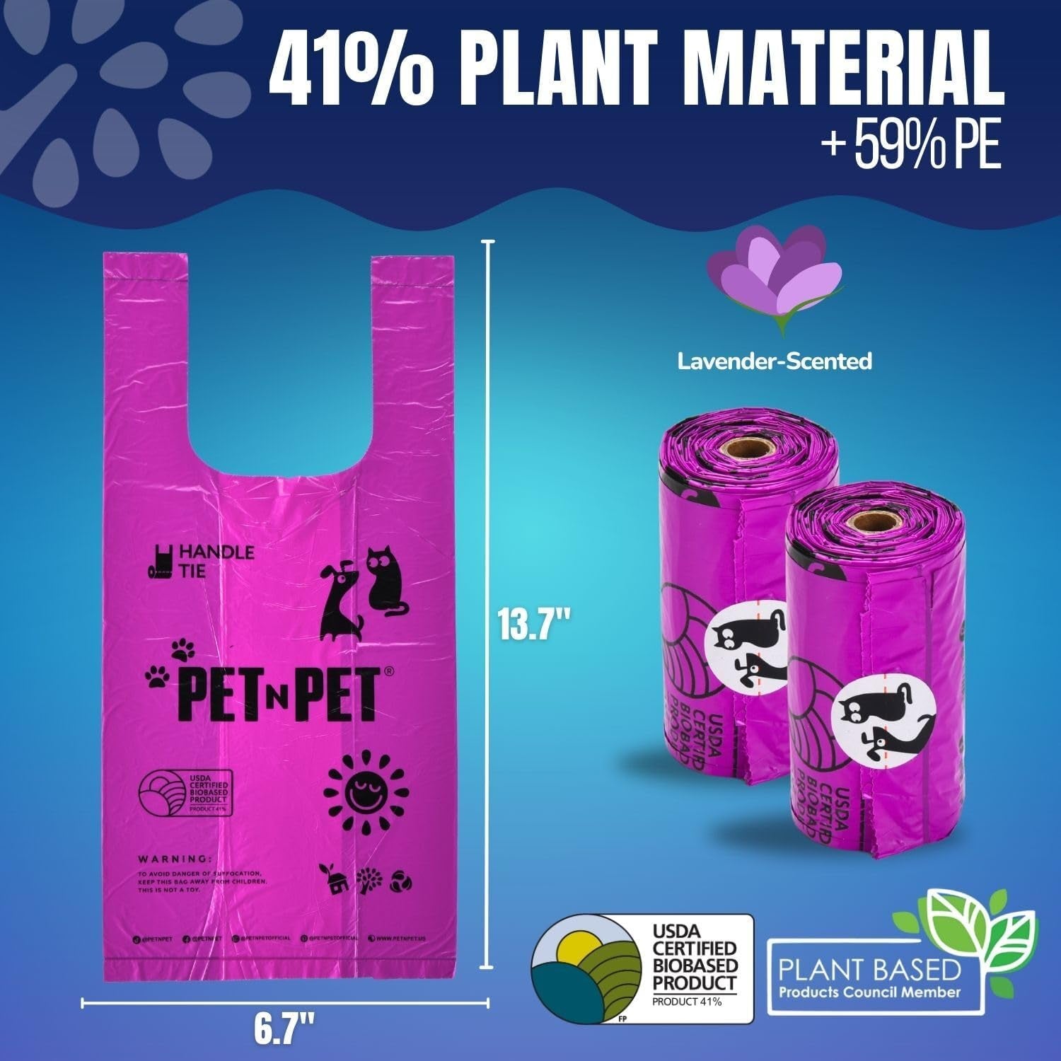 Dog Poop Bags on Refill Rolls – USDA Certified 41% Plant-Based, Lavender Scented | 210 Count with Tie Handles