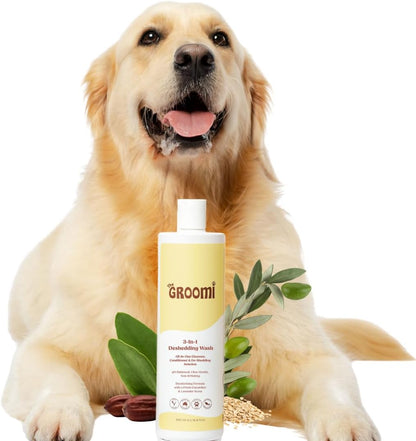 Groomi 3-in-1 Deshedding Wash – Organic Dog Shampoo & Conditioner for Sensitive Skin | Cleans, Conditions, & De-Sheds | pH-Balanced & Vet-Approved | Chemical-Free & Safe for All Breeds