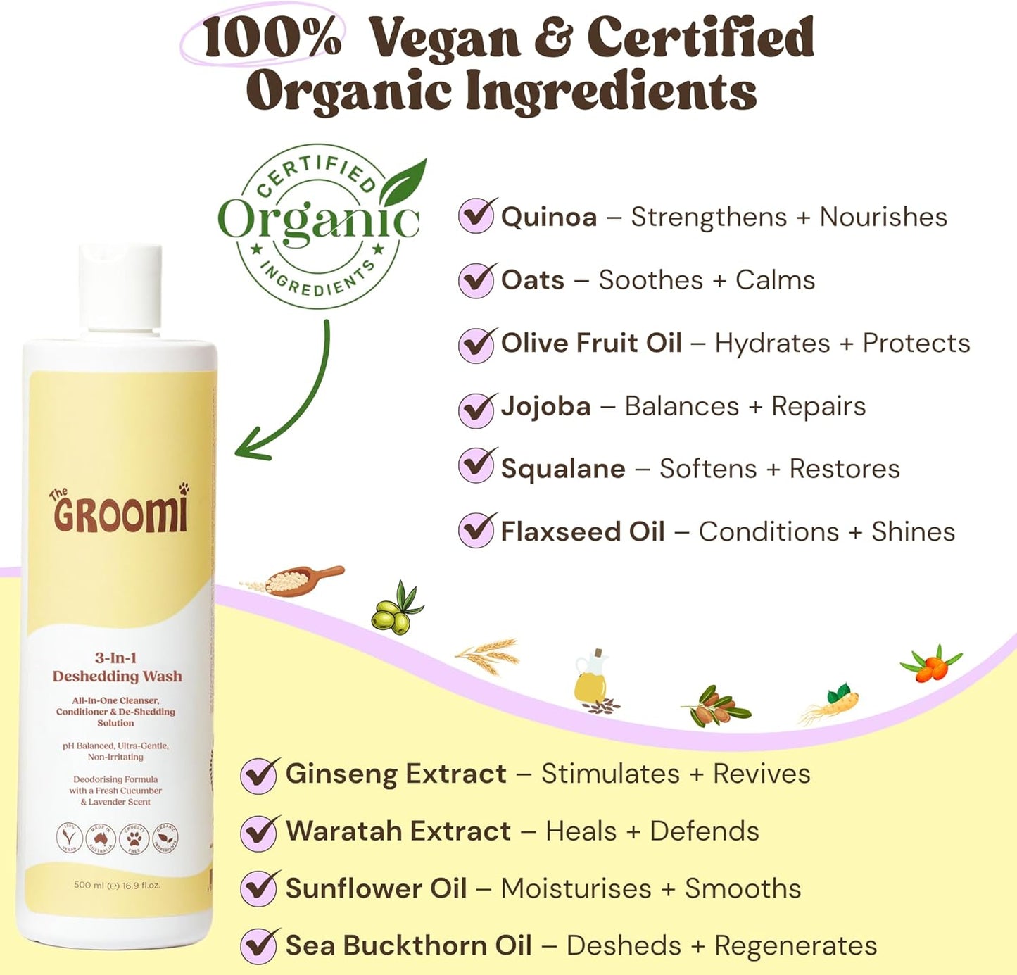 Groomi 3-in-1 Deshedding Wash – Organic Dog Shampoo & Conditioner for Sensitive Skin | Cleans, Conditions, & De-Sheds | pH-Balanced & Vet-Approved | Chemical-Free & Safe for All Breeds