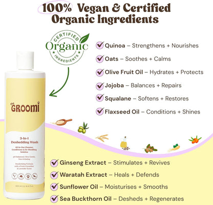Groomi 3-in-1 Deshedding Wash – Organic Dog Shampoo & Conditioner for Sensitive Skin | Cleans, Conditions, & De-Sheds | pH-Balanced & Vet-Approved | Chemical-Free & Safe for All Breeds