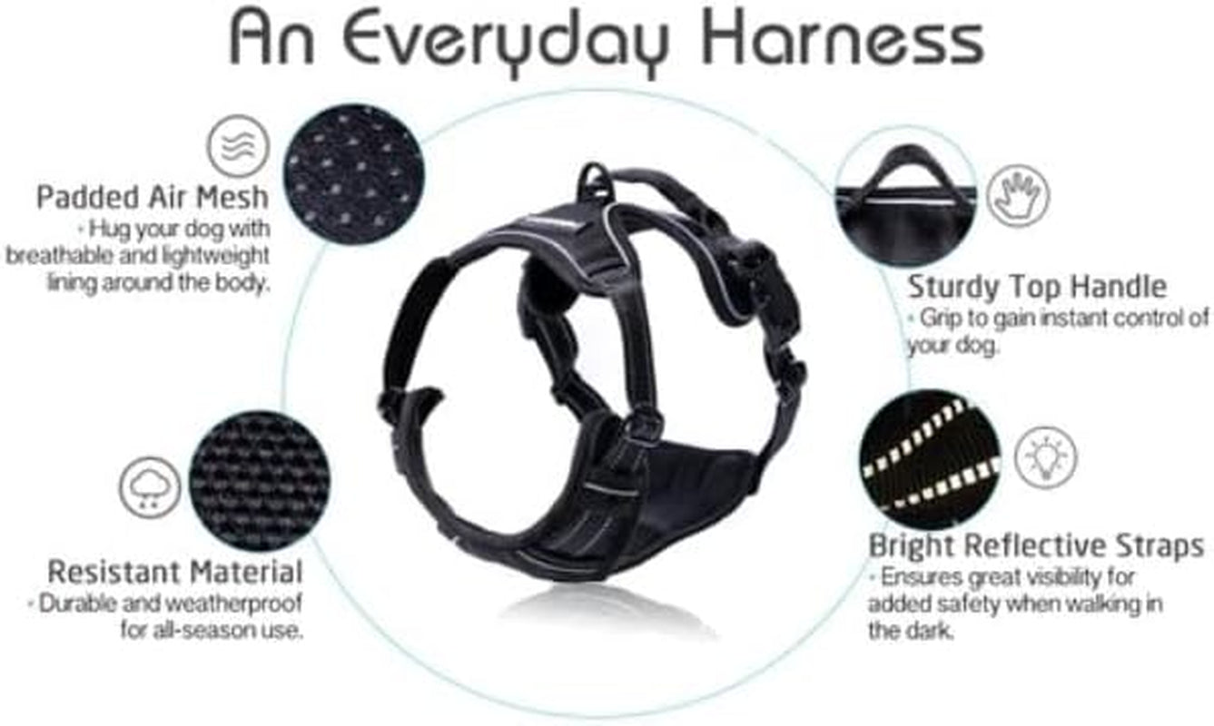 No-Pull Dog Harness with 2 Leash Clips – Adjustable Soft Padded Vest for Large Dogs | Reflective Oxford Material, No Choke Design, Easy Control Handle | Black, L