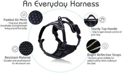 No-Pull Dog Harness with 2 Leash Clips – Adjustable Soft Padded Vest for Large Dogs | Reflective Oxford Material, No Choke Design, Easy Control Handle | Black, L