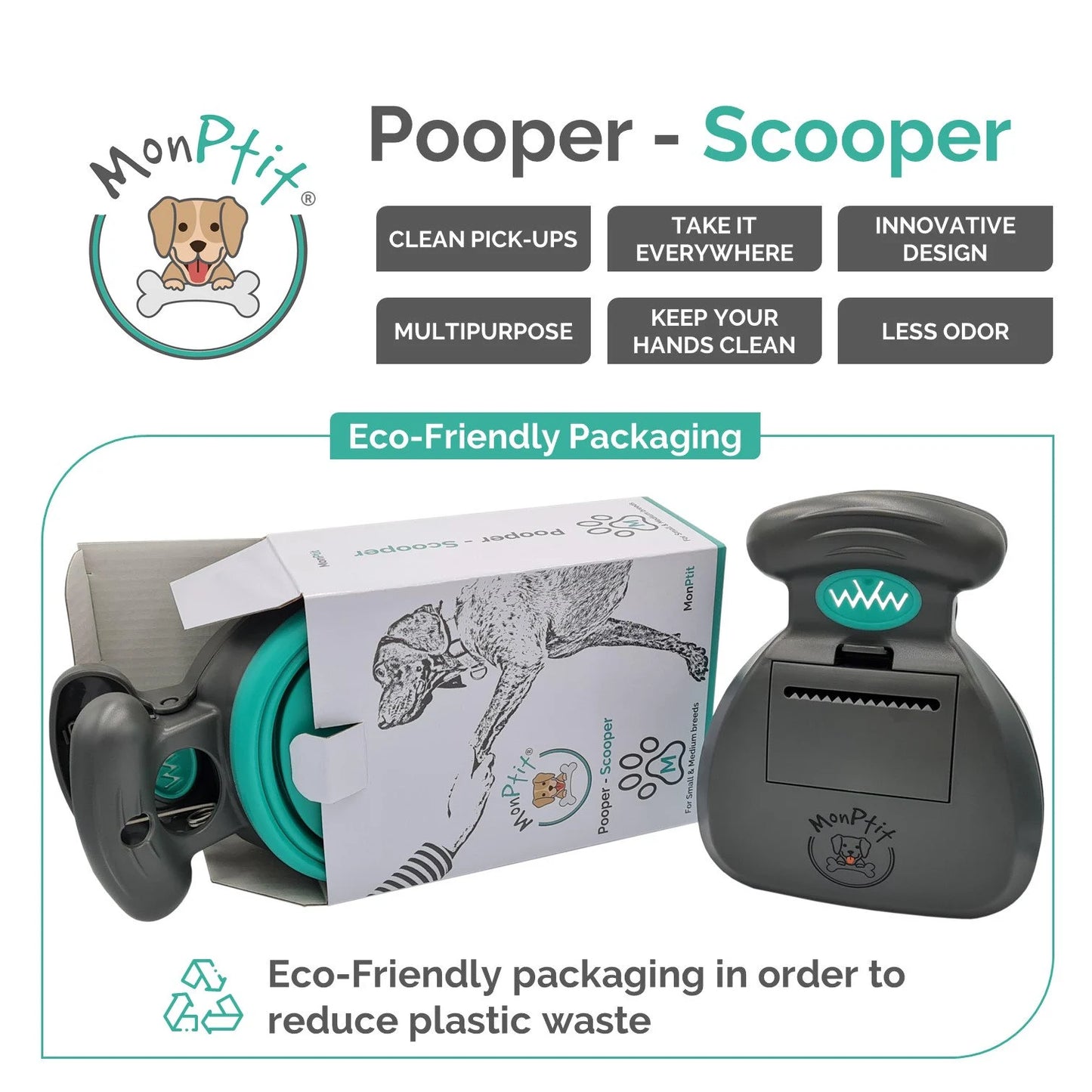 Monptit Pooper Scooper, Portable Sanitary Dog Poo Pick up with Bag Dispenser, for Large Medium Small Dogs Cat or Pet, Durable (Medium)