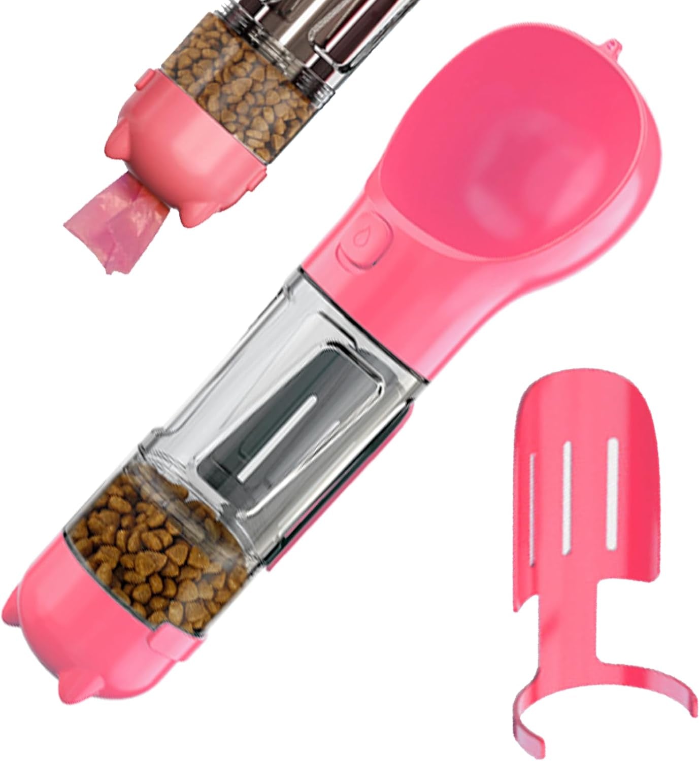4 in 1 Dog Water Bottle with Food Container & Poop Bag, Portable Dog Water Bottle, Travel Puppy Water Bowl, Dog Stuff for Dogs Small Pets Walking, Traveling, Hiking(Pink)