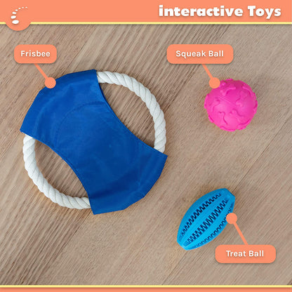 Zenify Puppy Dog Toys Gift Box - Pet Interactive Dog Rope Toy Starter Set - Tug Cotton Fetch Ball Rubber Training Puppies Play Grooming Glove Portable Travel Bowl