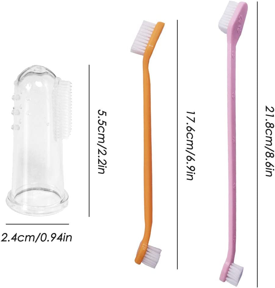 Set of 15 Pet Toothbrushes – 5 Dual-Headed Dog & Cat Toothbrushes + 10 Finger Toothbrushes | Red, Blue, Pink, Orange