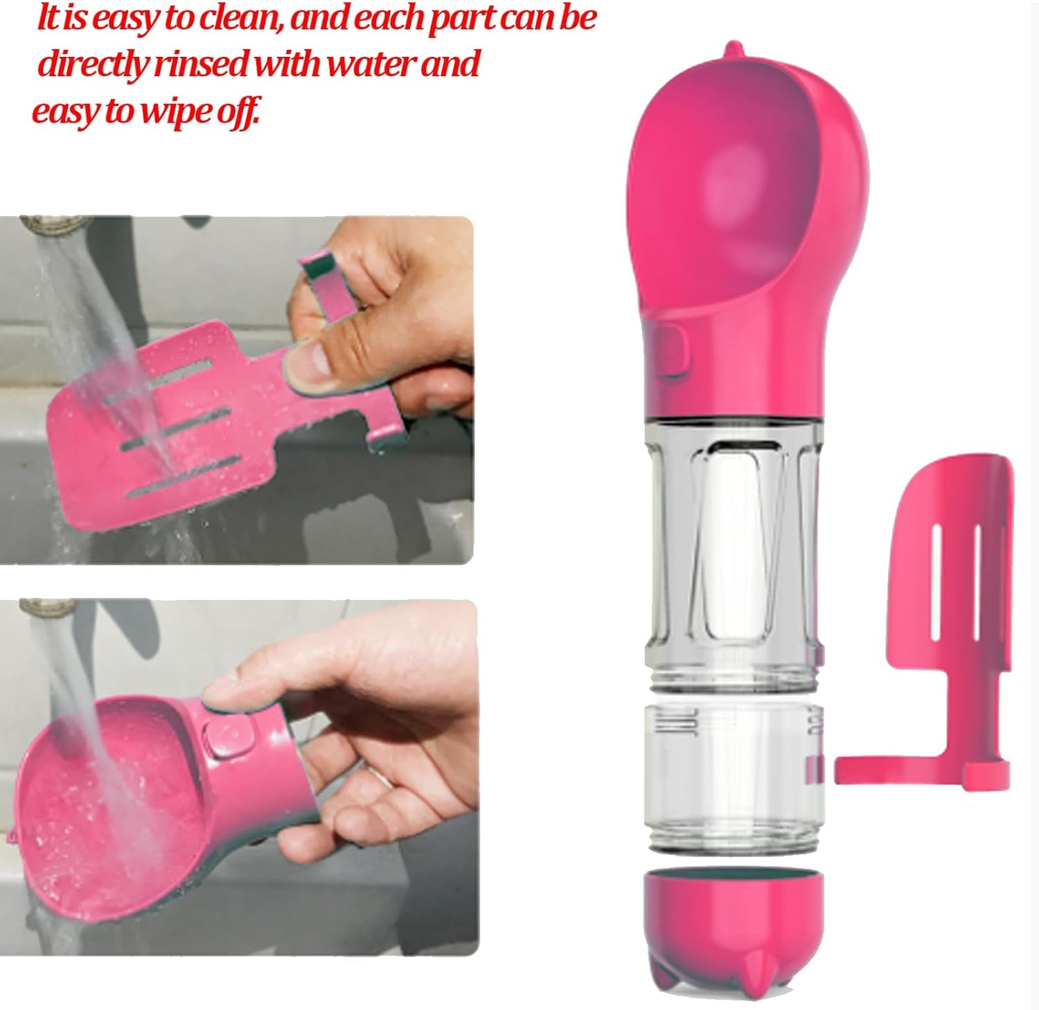 4 in 1 Dog Water Bottle with Food Container & Poop Bag, Portable Dog Water Bottle, Travel Puppy Water Bowl, Dog Stuff for Dogs Small Pets Walking, Traveling, Hiking(Pink)