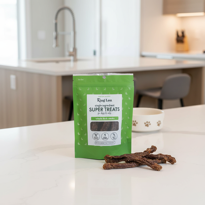 King Lou Whole Duck Neck Dental Treats for Dogs - All Natural, Single Ingredient, USA Made Chewy Snack for Healthy Joints and Teeth