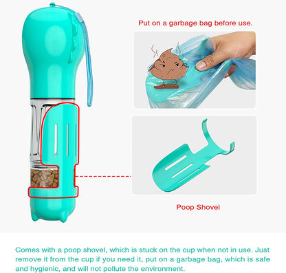 4 in 1 Dog Water Bottle Portable Puppy Water Disperser with Lock Water Button, Dog Travel Drinking Cup+Food Bottle+ Poop Collection Shovel+Garbage Bag Storage All in One for Walking Hiking Camping Travel，Blue