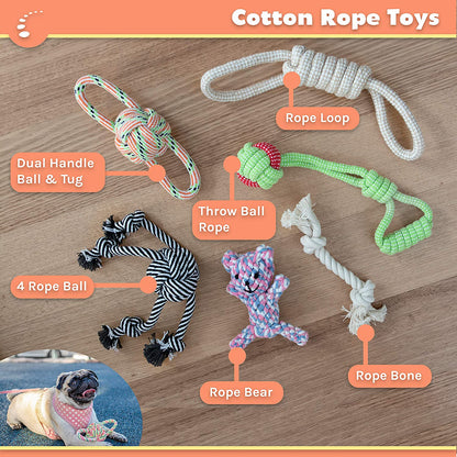 Zenify Puppy Dog Toys Gift Box - Pet Interactive Dog Rope Toy Starter Set - Tug Cotton Fetch Ball Rubber Training Puppies Play Grooming Glove Portable Travel Bowl