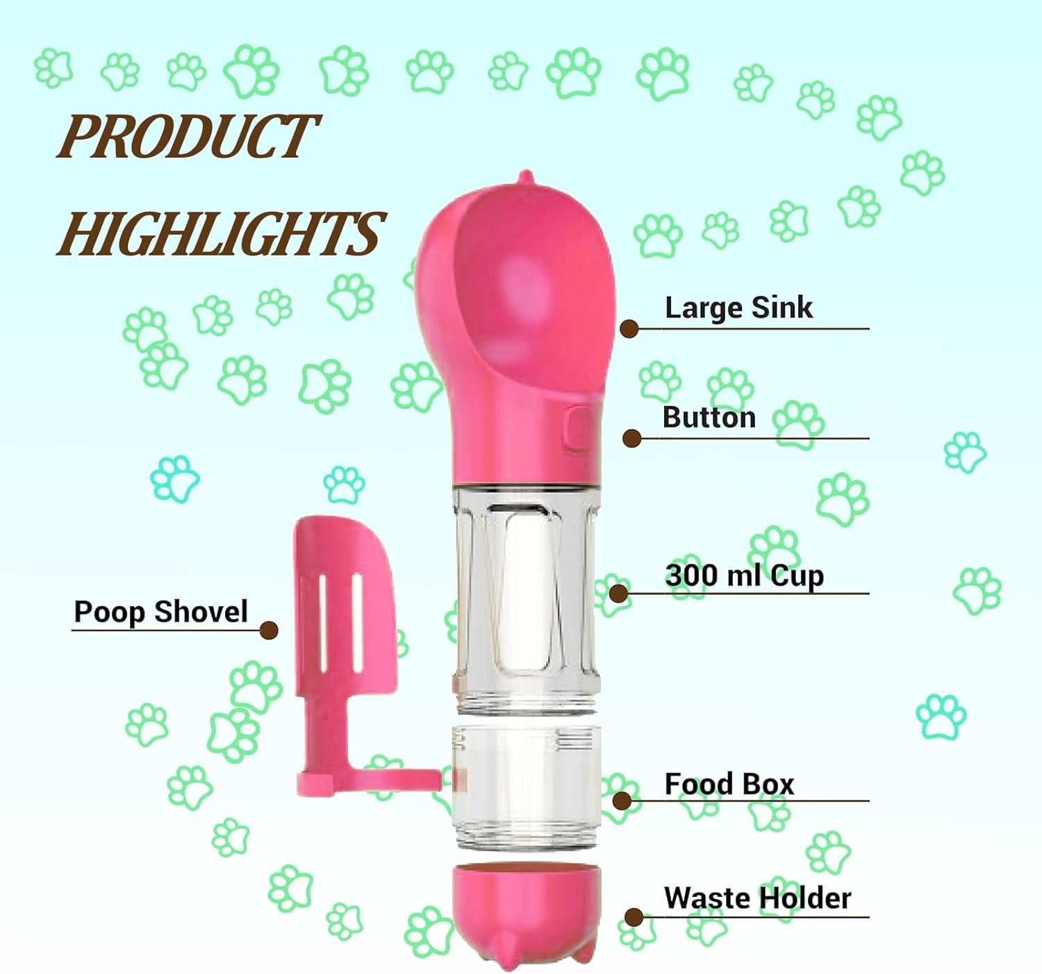 4 in 1 Dog Water Bottle with Food Container & Poop Bag, Portable Dog Water Bottle, Travel Puppy Water Bowl, Dog Stuff for Dogs Small Pets Walking, Traveling, Hiking(Pink)