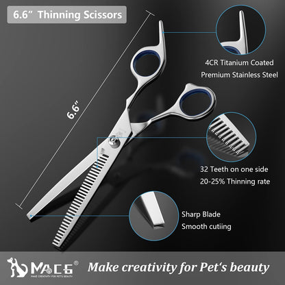Dog Grooming Scissors Set with Safety round Tip, Titanium Coated Curved, Thinning and Straight Pet Grooming Scissors Kit for Dogs and Cats.