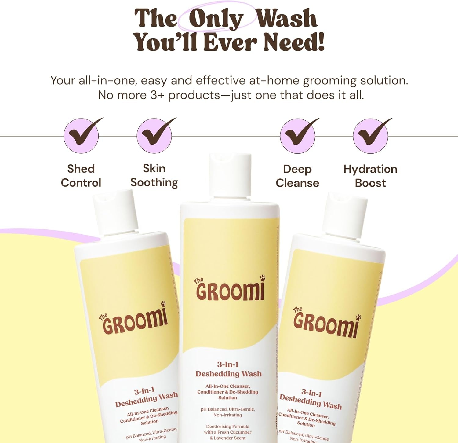 Groomi 3-in-1 Deshedding Wash – Organic Dog Shampoo & Conditioner for Sensitive Skin | Cleans, Conditions, & De-Sheds | pH-Balanced & Vet-Approved | Chemical-Free & Safe for All Breeds