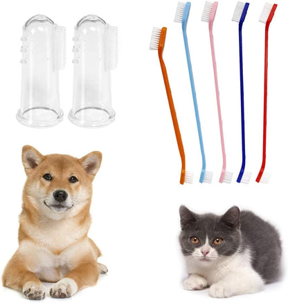 Set of 15 Pet Toothbrushes – 5 Dual-Headed Dog & Cat Toothbrushes + 10 Finger Toothbrushes | Red, Blue, Pink, Orange