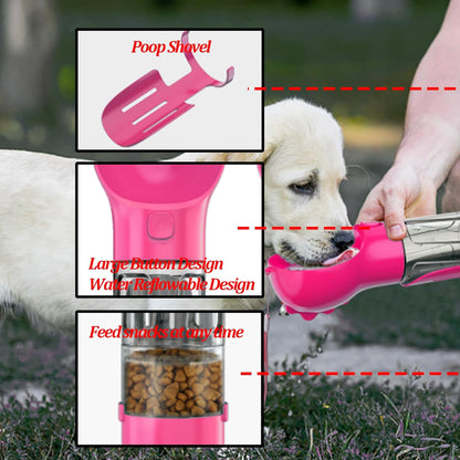 4 in 1 Dog Water Bottle with Food Container & Poop Bag, Portable Dog Water Bottle, Travel Puppy Water Bowl, Dog Stuff for Dogs Small Pets Walking, Traveling, Hiking(Pink)