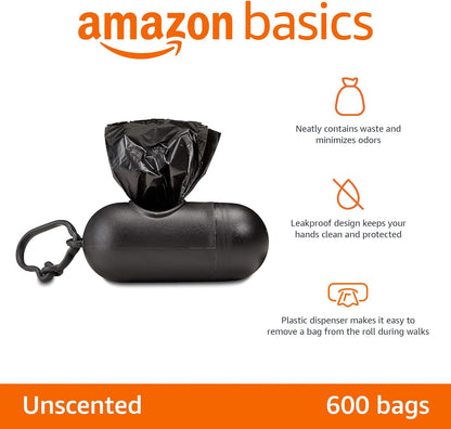 Dog Poop Bags with Dispenser – 600 Count, Leakproof & Unscented | Includes Leash Clip for Easy Access