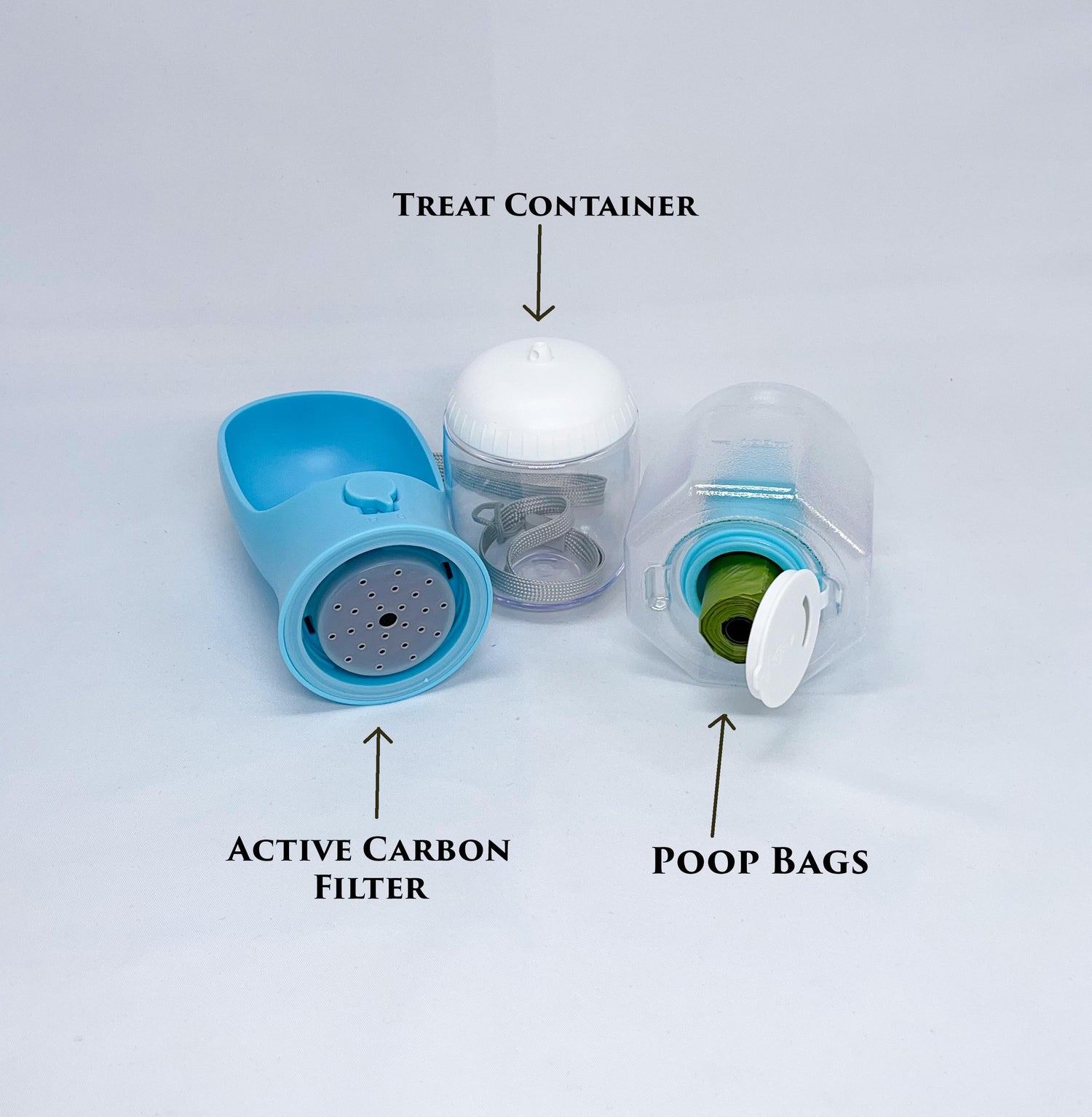3-In-1 Dog Water Bottle: Food Container, Filter & Poop Bag